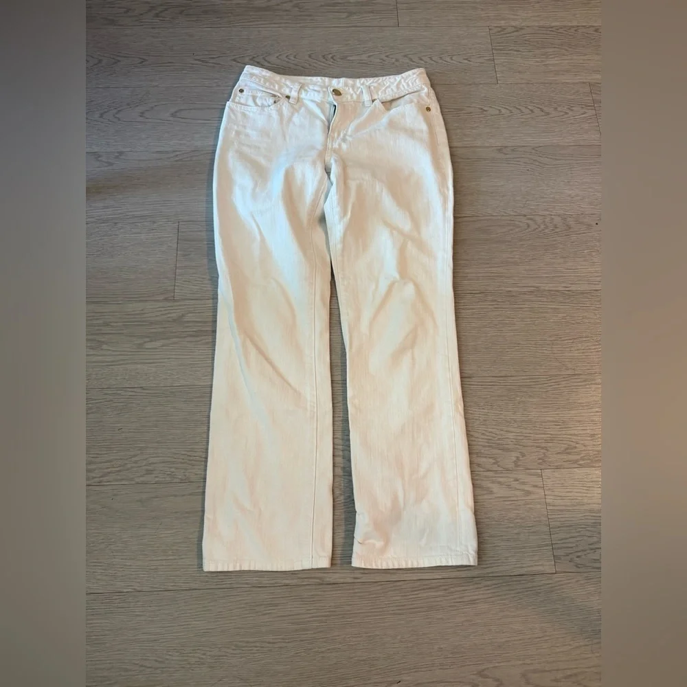 Tory Burch Mid-Rise Straight Leg White Jeans Women’s Size 28 gold Logo